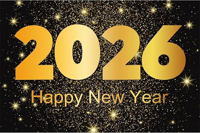 YongFoto 2026 Happy New Year Backdrop 15x10ft Gold Photography Background Merry Christmas Night Festival Carnival Family Celebration Party Banquet Decor Banner Photoshoot Wallpaper Photo Booth