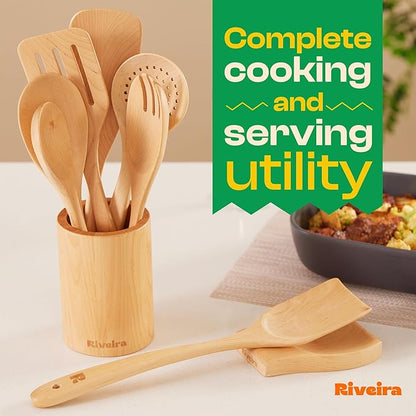 Riveira Maple Wooden Spoons for Cooking Set of 9 – Natural Maple Wooden Cooking Utensils, Wooden Spatula, Wooden Spoon - Premium Quality Wooden Utensil Set for Non-Toxic Cooking