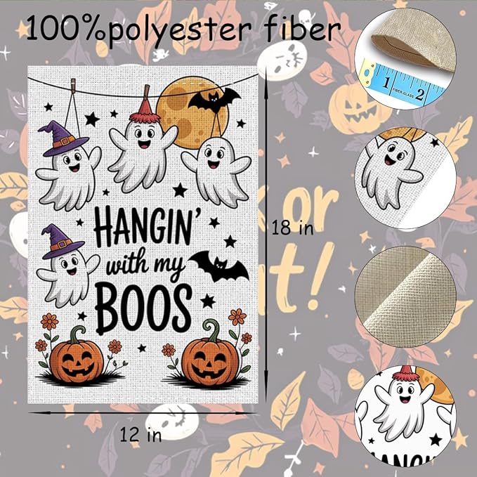 Fokongna Funny Halloween Spooky Pumpkin Garden Flag, Cute Halloween Decor Hangin’ With My Boos, 12x18 Inch Burlap Vertical Double Sided Flags, for Home Yard Outside Decorations