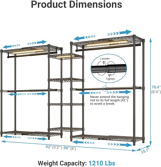 VIPEK X3L Expandable Reach in Closet Rack with Dimmable LED Lights Clothing Rack Adjustable from 5'2" to 8' Extendable Shelves and Hanger Rods, Large Freestanding Walk-in Open Closets, Black