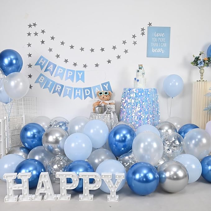 Metallic Blue Silver Balloon, 60 Pcs 12 Inches Chrome Blue White Balloon with Silver Balloons Glitter Confetti Balloons for Boys Baby Shower, Birthday, Baptism,Wedding Decorations