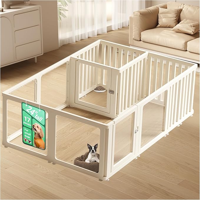 Transparent 17-Panel Dog Playpen, Acrylic Indoor/Outdoor Puppy Pen for Small & Medium Dogs, 24 Inch with Door, White(Ventilated Design 74 * 50 Two Rooms,24 inch)