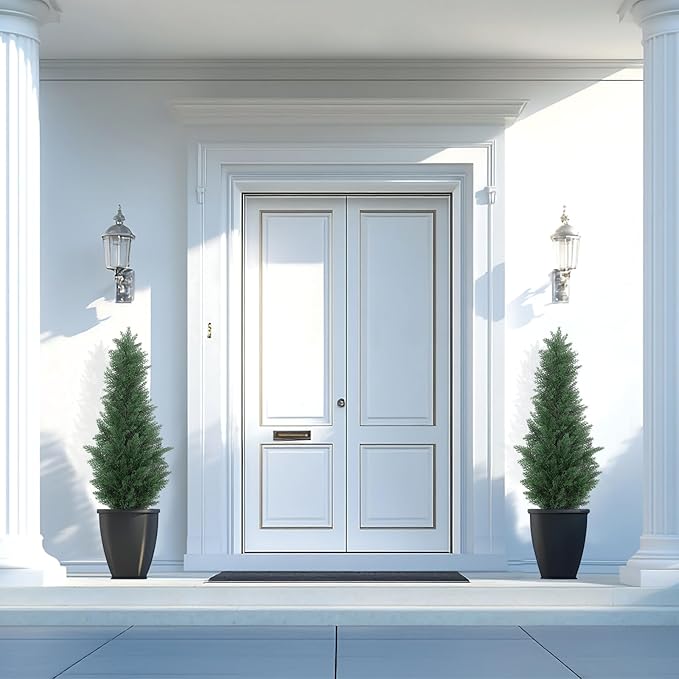 3FT Artificial Cedar Tree - Realistic Faux Cedar Trees for Outdoor Planters - Fake Cypress Trees for Front Porch - Faux Evergreen Plants for Home Porch Decor - Set of 2