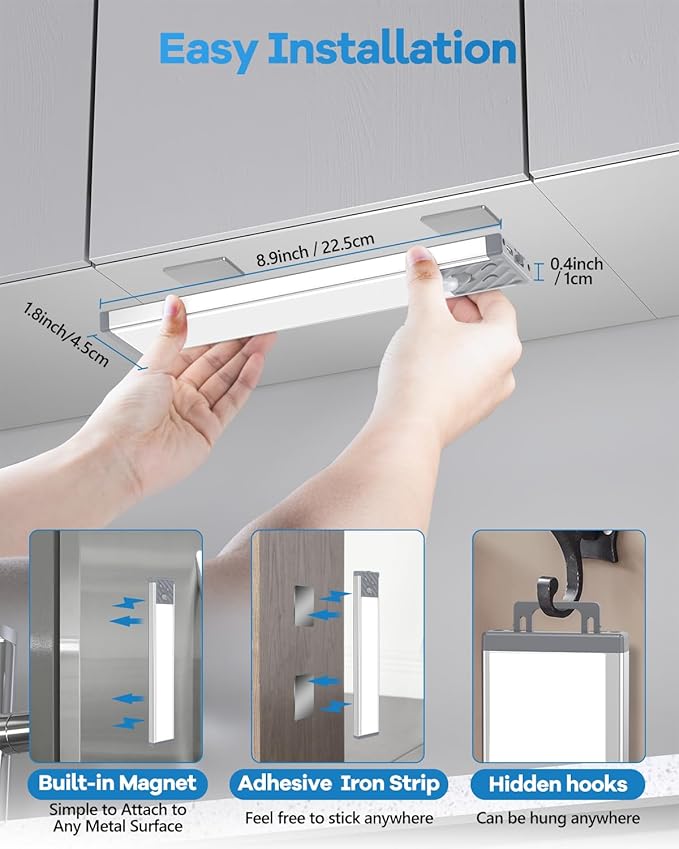 HIBOITEC Under Cabinet Lighting Rechargeable 40 LED Closet Lights Battery Operated, Dimmable Motion Sensor Lights Indoor, Wireless Magnetic Light for Kitchen, 3 Color Temperatures, 9 inch
