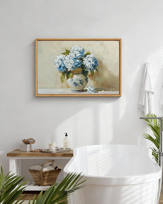 InSimSea Vintage Framed Canvas Art, Vintage Blue Hydrangea Painting, Hand-Painted Floral Textured Artwork for Dining Living Room Hallway,16x24in,Classical Still Life Wall Shelf Decor Aesthetic