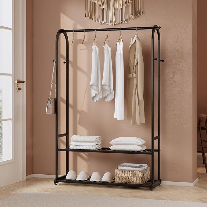 Heavy Duty Clothes Rack with Bottom Shelves & 6 side Hooks - Sturdy Metal Clothing Rack,Garment Racks for Hanging Clothes,can keep and organize your shoes and boxes in order