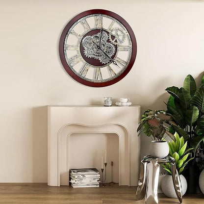 HOIBAI Large Wall Clock, 24 Inch Wall Clocks for Living Room Decor Farmhouse Vintage Rustic Kitchen Wall Decor Vintage Roman Big Oversized Wall Clock for Home Bedroom House Office, Moving Gears Clock