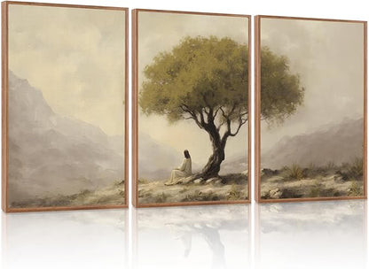 HLNIUC Jesus Framed Canvas Wall Art,Religious Christian Olive Poster,Vintage Mountain Natural Landscape Painting,Christian God Bible Story Canvas Art Print for Living Room Bedroom Church-16 x24 x3