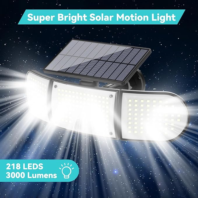 Solar Outdoor Lights, 3000LM 218 LED Motion Sensor Lights with Remote Control, IP65 Waterproof,270° Wide Angle Flood Wall Lights with 3 Modes for Outside Patio Wall(2 Packs)