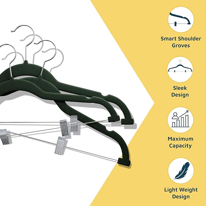 Velvet Skirt Hangers – with Adjustable Clips, 360 Degree Swivel Hook, and Non-Slip Shoulder Notch, Holds Up to 10 lbs, for Organizing Skirt, Pants, Dress, and Clothes, Pack of 50, Green