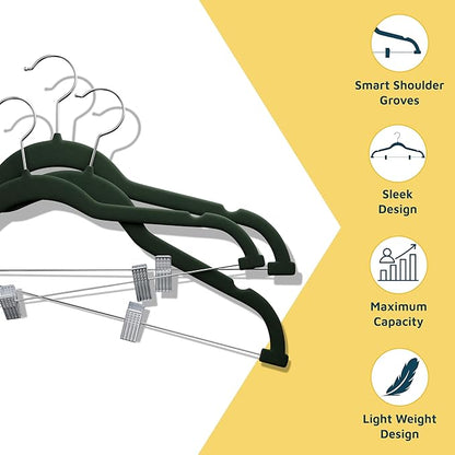 Velvet Skirt Hangers – with Adjustable Clips, 360 Degree Swivel Hook, and Non-Slip Shoulder Notch, Holds Up to 10 lbs, for Organizing Skirt, Pants, Dress, and Clothes, Pack of 50, Green