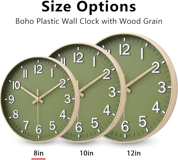 HZDHCLH Wall Clocks Battery Operated,Wall Clock Green Gold,8 inch Wall Clock Silent Non Ticking Modern 3D Numbers for Kitchen Bedroom Living Room Office Classroom Decor
