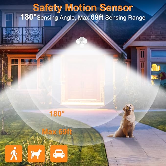 15W 1500 Lumen LED Security Lights with Motion Sensor Outdoor, 3000K/5000K Light, IP65 Waterproof, Dusk to Dawn, Dual-Head Motion Detected Flood Wall Light for Garage Yard Porch (White)