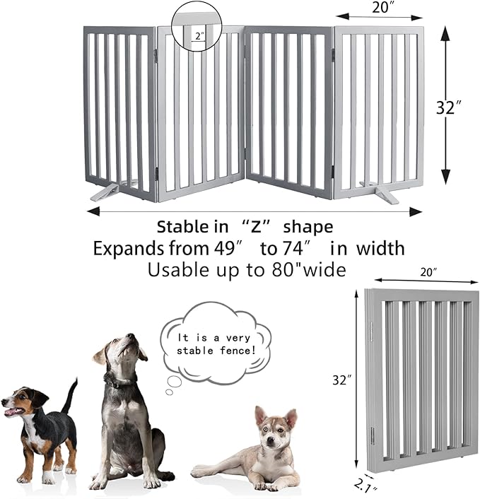 Dog Gate Indoor, Freestanding Dog Fence for The House, Doorways, Hallways,or Stairs,Pet Gate Foldable Wooden,Expandable 32" Height 4 Panels,Grey