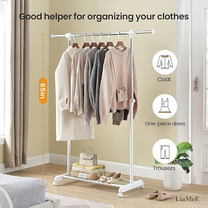 LiaMeE Adjustable Clothing Rack for Hanging Clothes, Heavy Duty Garment Rack with Wheels，Free Standing Rolling Clothes Rack with Shelf & Grid, Easy Assembly Standard Rod, White & Chrome