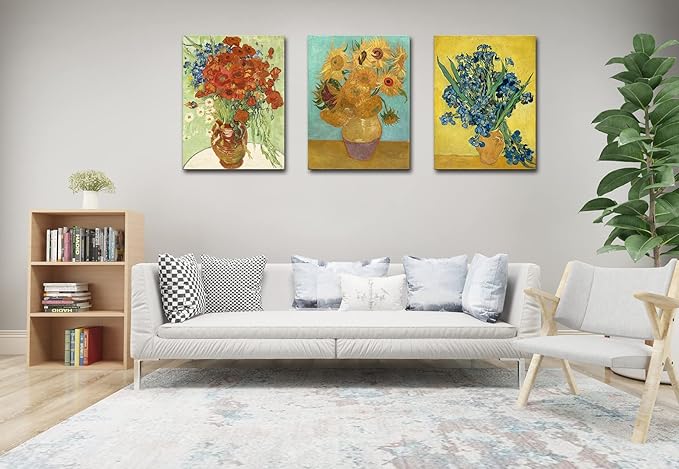 Sunflowers of Vincent Van Gogh Wall Art, Irises Flower Paintings Artwork Reproduction, Giclee Canvas Prints Pictures for Bedroom Kitchen Bathroom Decor 12"x16"x 3 Pcs