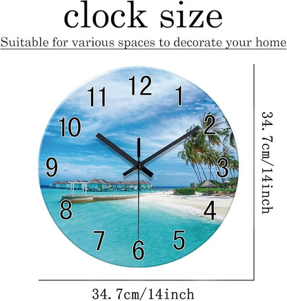XFM Beach Wall Clock Battery Operated 14 Inch Blue Ocean Wall Clocks Silent Coastal Nautical Clock Decorative for Bathroom Kitchen Living Room Office