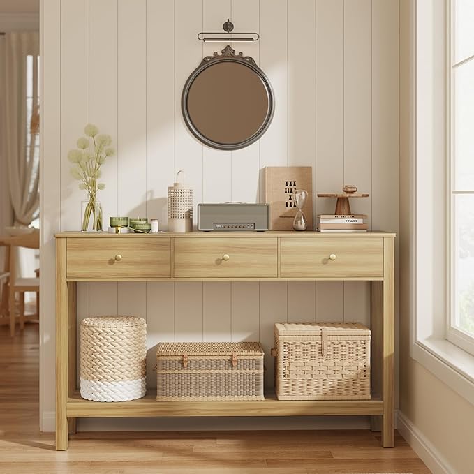 Gizoon 3 Drawer Sofa Table with, Modern Accent Console Table with Open Shelf, for Living Room, Front Hall, Entrance Hall, Study Room, Oak Color