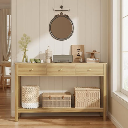 Gizoon 3 Drawer Sofa Table with, Modern Accent Console Table with Open Shelf, for Living Room, Front Hall, Entrance Hall, Study Room, Oak Color