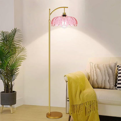 Floor Lamp for Living Room,Bedroom,Gold Dimmable Standing Lamp with Remote,Mid Century Modern Brass Tall Lamp Retro Vintage Pink Glass Lamp Floor Light Boho Bohemian
