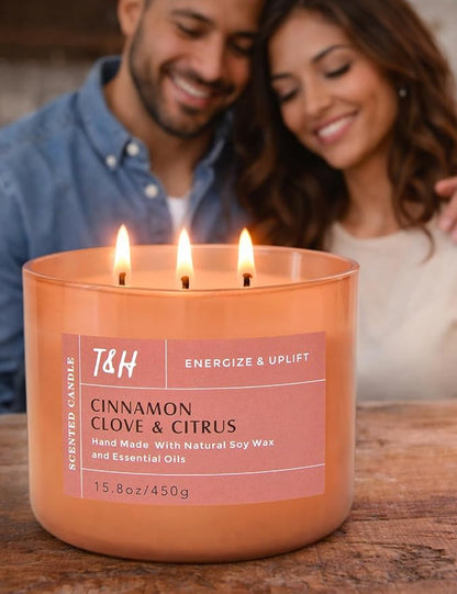 Cinnamon Clove Citrus 3 Wick Soy Candle Large 15.8oz | Spiced Orange Scented Candles for Home | Clean Burn Long Lasting Candle | Warm Cozy Aromatherapy Candle | Housewarming Birthday Gift