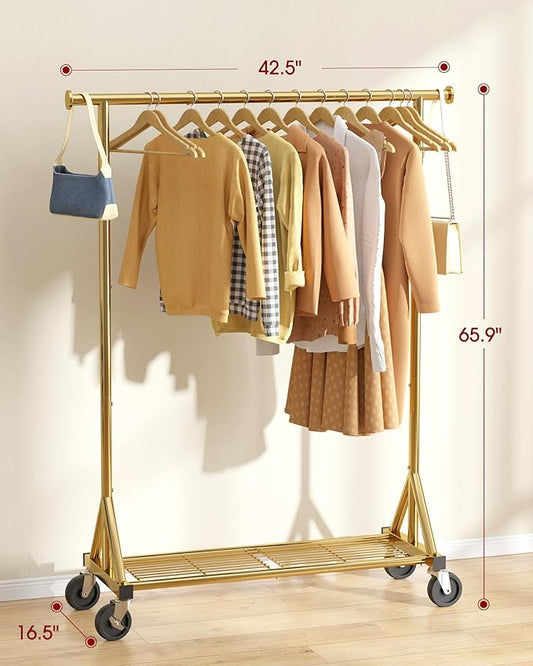Stainless Steel Rolling Clothes Rack with Mesh Shelf, Lockable Wheels & Anti-Slip Stoppers, Stable Freestanding Clothing Organizer for Bedroom, Laundry Room, 42.5" x 16.5" x 65.9", Glod
