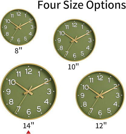 Wall Clock 14 Inch Silent Green Wall Clocks Battery Operated- Modern Non Ticking Analog Clock Decorative for Living Room Bedroom Office Kitchen(Gold)