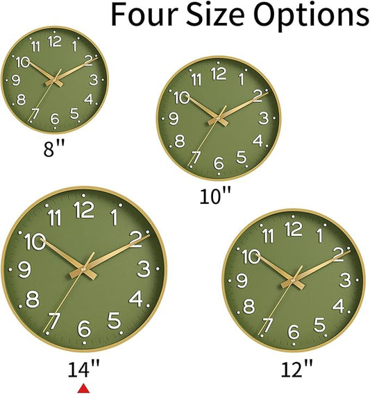Wall Clock 14 Inch Silent Green Wall Clocks Battery Operated- Modern Non Ticking Analog Clock Decorative for Living Room Bedroom Office Kitchen(Gold)