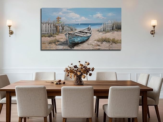 Ardemy Boat Canvas Wall Art for Living Room Large Teal Bedroom Pictures Wall Decor Textured Beach Paintings Artwork Dining Room Home Office Kitchen, 40"x20"