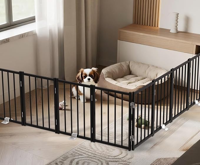 Metal Short Dog Gate, 16.5" High to Step-Over, Free Standing Foldable Pet Gate, Up to 96" Wide Puppy Fence for Stairs and Doorways, Indoor & Outdoor Use, No Drilling and No Assembly, Black