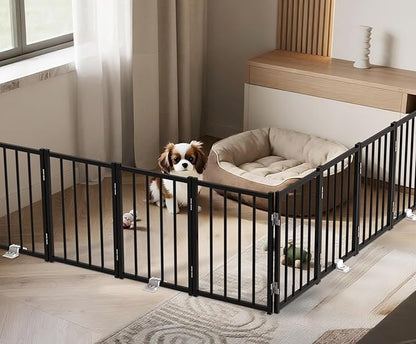 Metal Short Dog Gate, 16.5" High to Step-Over, Free Standing Foldable Pet Gate, Up to 96" Wide Puppy Fence for Stairs and Doorways, Indoor & Outdoor Use, No Drilling and No Assembly, Black