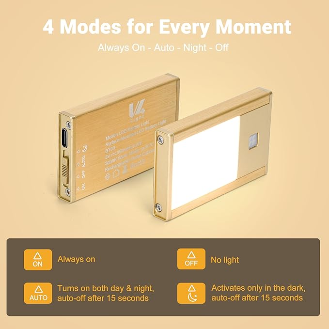 Rechargeable Motion Sensor Night Lights, 8-Pack - Painted Gold Aluminum Alloy, Ultra-Compact Magnetic Mount, 3000K Warm White Glow, Ideal for Hallways, Bedrooms, Stairs & Nightly Use