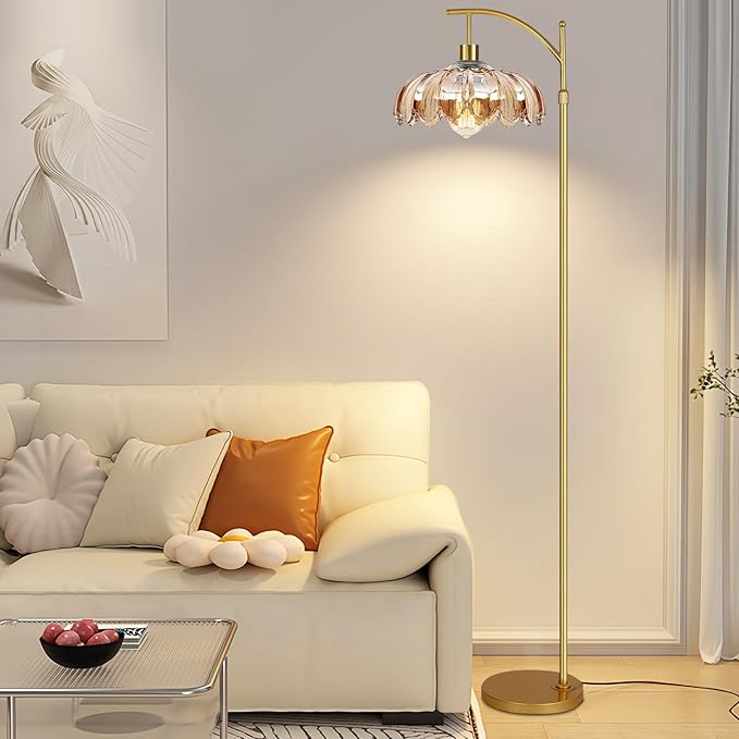 Arc Floor Lamp with 3 Color Temperatures,Gold Floor Lamp with Remote & 3 Color Temperature,Mid Century Modern Standing Lamp with Glass Lampshades,Vintage Tall Floor Lamps for Living Room Bedroom