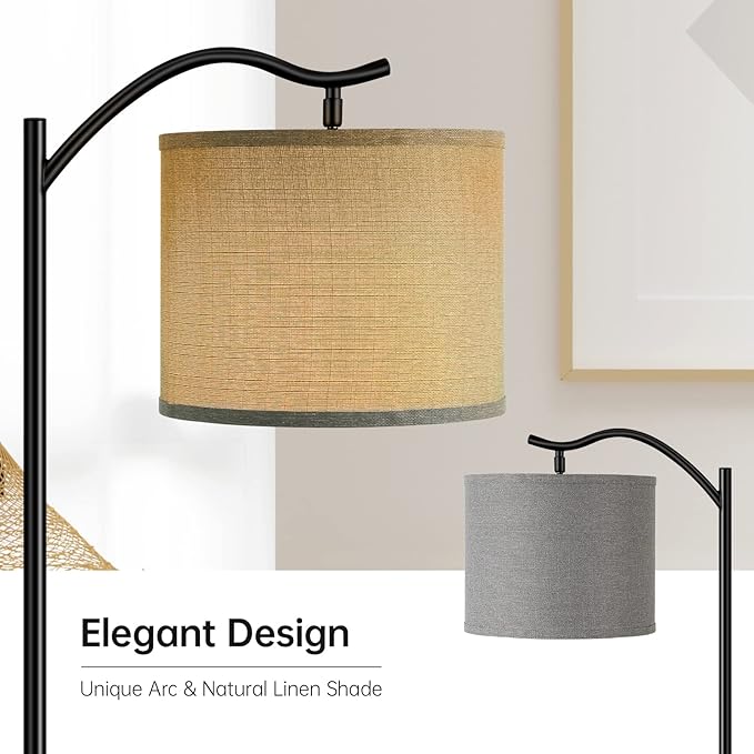 Floor Lamp for Living Room,LED Arched Stand Lamp,Tall Modern Standing Lamp with Linen Shade,E26 Socket, Footswitch, Mid Century Floor Lamps for Bedrooms,Office,Gray Double-Layer lampshade