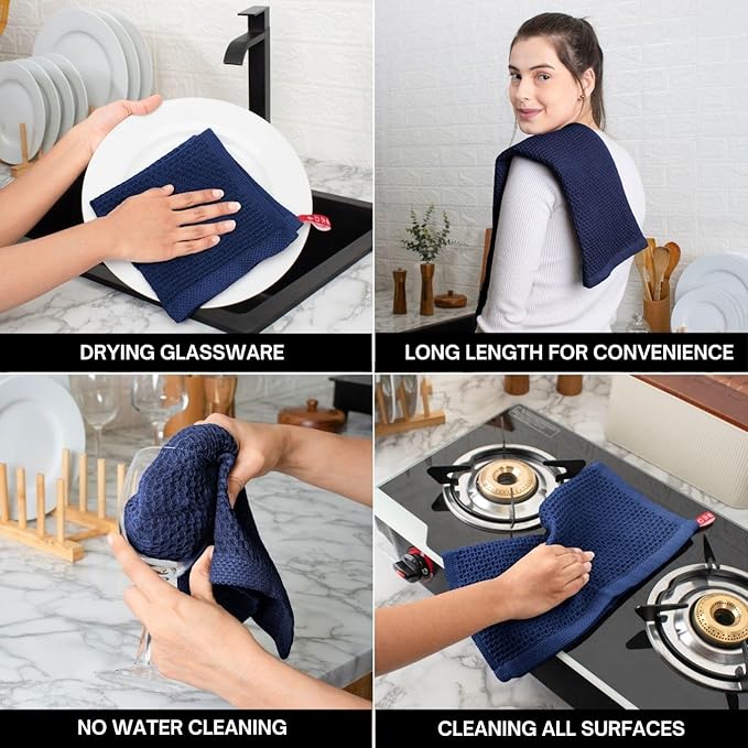 Premium 100% Cotton Waffle Weave Dish Cloths (12x12, 12 Pc) – Honeycomb, Ultra Soft, Scratch-Free & Superb Absorbent Best Dish Cloth, Dish Rags - Blue