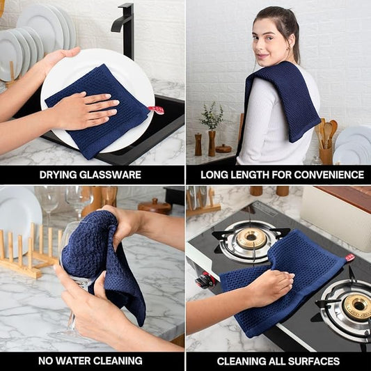 Cotton Waffle Weave Kitchen Towels - Pack of 4 (13x28 Inches) | Ultra Soft, Absorbent Dish Towels | Quick Dry Towel, Dish Cloths, Hand Towels & Dish Rags - Blue (Kitchen Essentials)