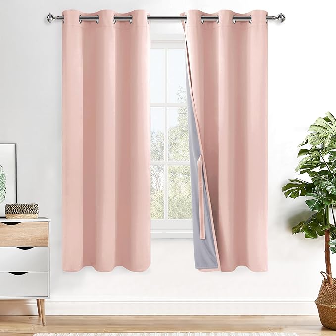 XWZO 100% Blackout Curtains with Tiebacks- Heat and Full Light Blocking Window Treatment with Black Liner for Bedroom/Nursery, Grommet Top, Blush Pink, W42 x L72 Inches Long, Set of 2
