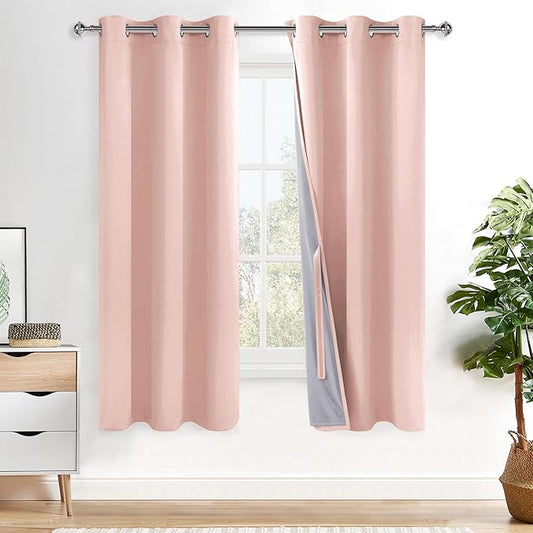 XWZO 100% Blackout Curtains with Tiebacks- Heat and Full Light Blocking Window Treatment with Black Liner for Bedroom/Nursery, Grommet Top, Blush Pink, W42 x L72 Inches Long, Set of 2