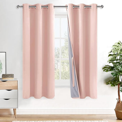 XWZO 100% Blackout Curtains 63 Inches Long - Heat and Full Light Blocking Window Treatment with Black Liner for Bedroom/Nursery with Tiebacks, Grommet Top, Blush Pink, W42 x L63, Set of 2