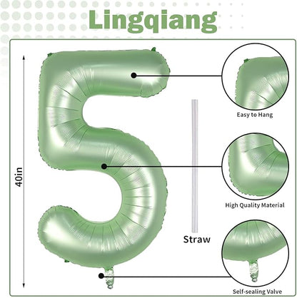 Sage Green 5 Balloons, 40" Giant Helium Foil Number 0-9 Olive Green Birthday Balloon for Boys Girls, Self Inflating Digit 5 Balloons for Women Men Anniversary Jungle Safari Party Decorations Supplies