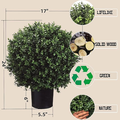 24" H x 17" W Artificial Boxwood Topiary Ball – Realistic UV-Resistant Artificial Shrub with Weighted Pot, Set of 2 – Indoor/Outdoor Year-Round Green Décor for Porch, Garden, Patio