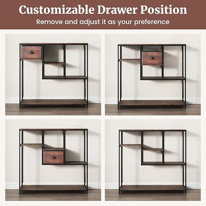 Giantex 40” Narrow Console Table, Modern Sofa Table with Open Storage Shelves and Removable Drawer, Skinny Behind Couch Tables, Long Entrway Tables for Living Room, Foyer, Hallway (Rustic Brown+Black)