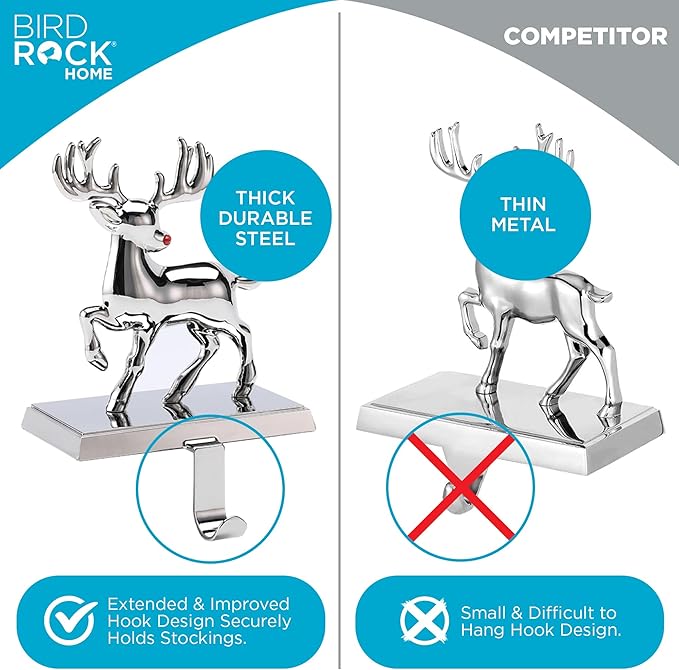 BIRDROCK HOME Christmas Stocking Holders for Mantle - Weighted Metal Hanger for Stockings & Holiday Decor - Metal Hook for Fireplace, Staircase, Shelf - Non-Scratch Base - Holiday Collection, Set of 4