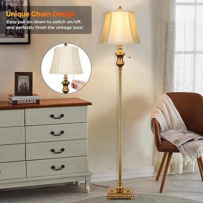 Gold Vintage Floor Lamp for Living Room, Traditional Mid-century Floor Lamp with Elegant Silk Fabric Lampshade, 64inch Tall Standing Lamp Bedroom LED Pole Lamp, Retro Stand Up Lamp for Home Office