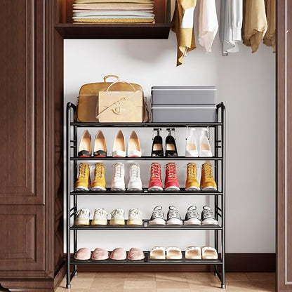 SUFAUY Shoe Rack for Closet, 5 Tier 33" Wide Shoe Storage Shelf for Entryway Bedroom, Stackable, Metal Frame, Black