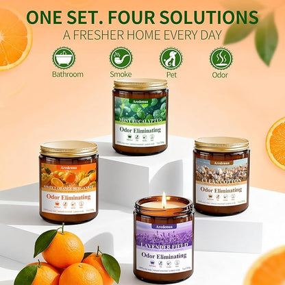 4 Pack Odor Eliminating Candles Set - Eliminates 95% of Pet, Smoke, Food & Other Smells - Hand Poured Non-Toxic Soy Candle, Air Freshing Scent of Lavender/Orange/Mint/Cotton - Gifts Set for Women