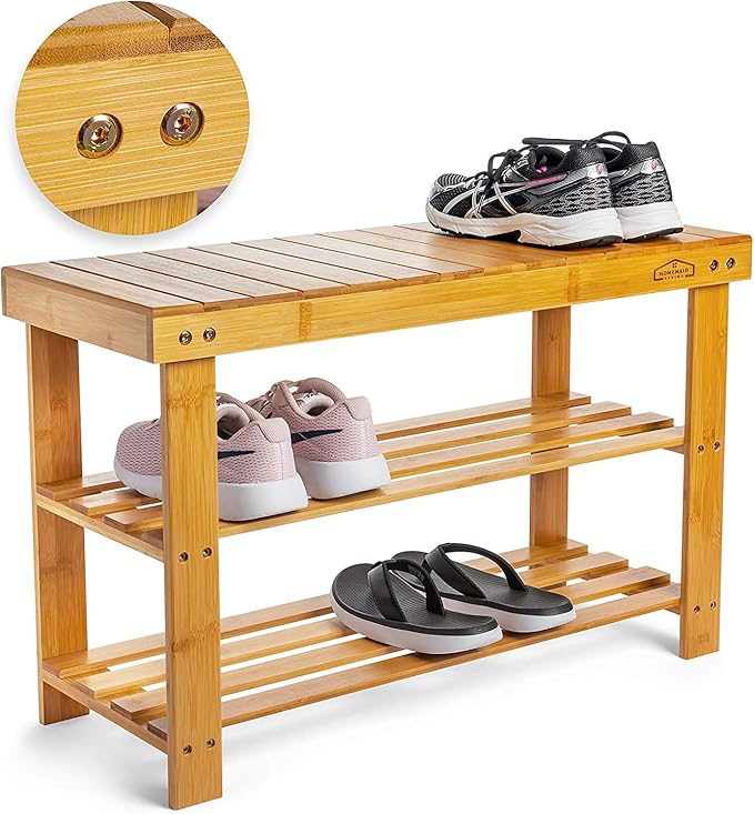 Homemaid Living Bamboo 3 Tier Shoe Rack Bench, Premium Organizer or Entryway Bench, Perfect for Shoe Cubby, Entry Bench, Bathroom Bench, Entryway Organizer, Hallway or Living Room(Natural Bamboo)