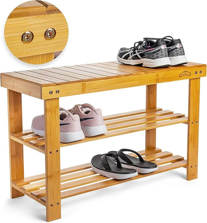 Homemaid Living Bamboo 3 Tier Shoe Rack Bench, Premium Organizer or Entryway Bench, Perfect for Shoe Cubby, Entry Bench, Bathroom Bench, Entryway Organizer, Hallway or Living Room(Natural Bamboo)