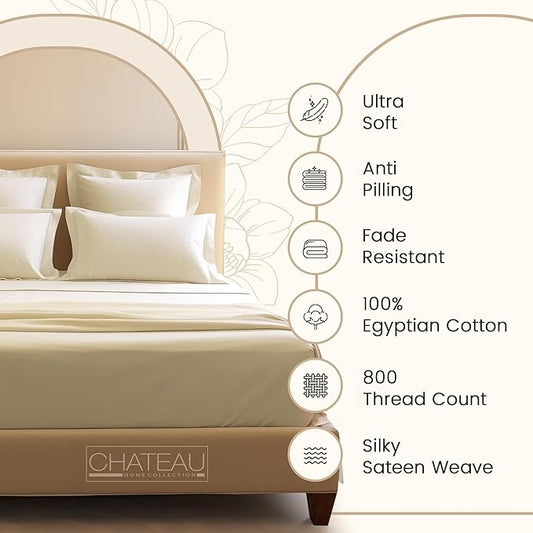 Queen Sheet Set - 800TC Egyptian Cotton Bedding Sheets & Pillowcases - Soft, Durable and Luxurious 4PC Sateen Weave Ivory Bed Sheets for Queen Size Bed, No Pill & Shrink Thick Machine Washable