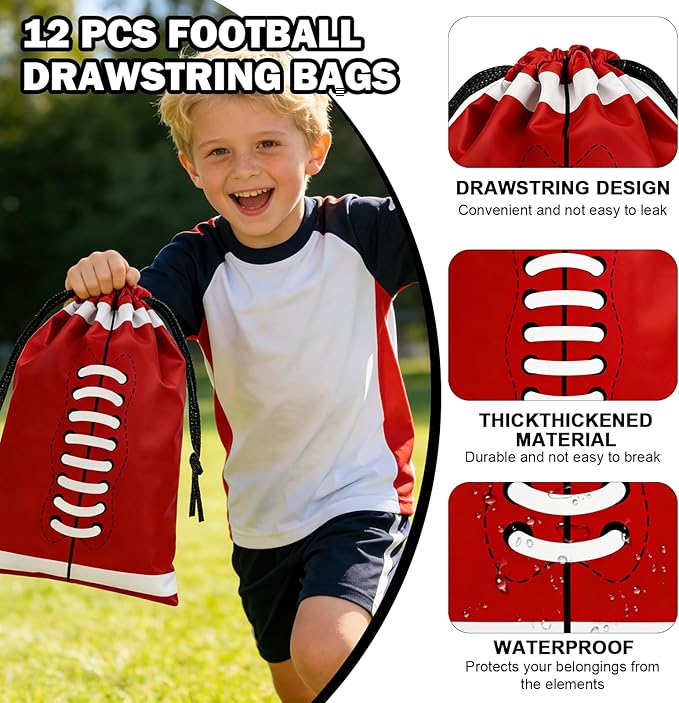 122 Pcs Football Party Favors Drawstring Bags Football Goodie Bag with Mini Ball, Wristband, Slap bracelets, Keychains, Stickers,Tattoo Stickers for Football Themed Party Supplies